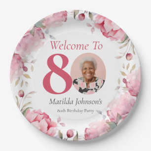 Elegant Pink Custom Photo Floral 80th Birthday Paper Plates