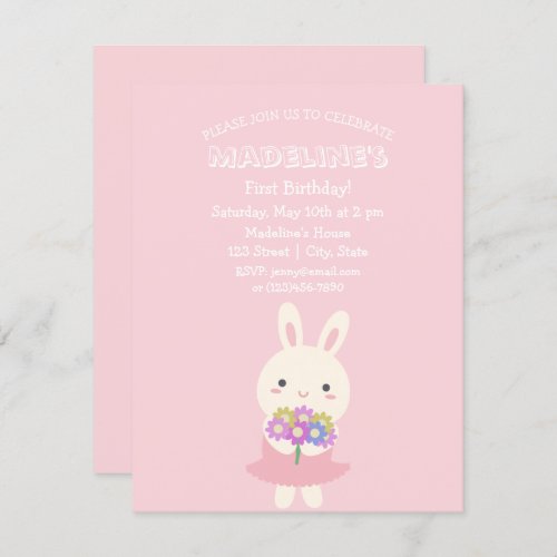 Elegant Pink Cute Girly Bunny Rabbit Kids Birthday Invitation