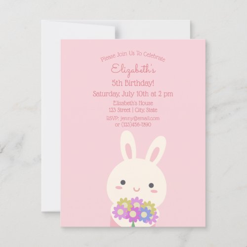 Elegant Pink Cute Rabbit  Flowers Girl Birthday Invitation