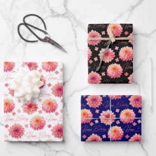 Elegant Pink Dahlia Clover Leaf Birthday Wrapping Paper Sheets