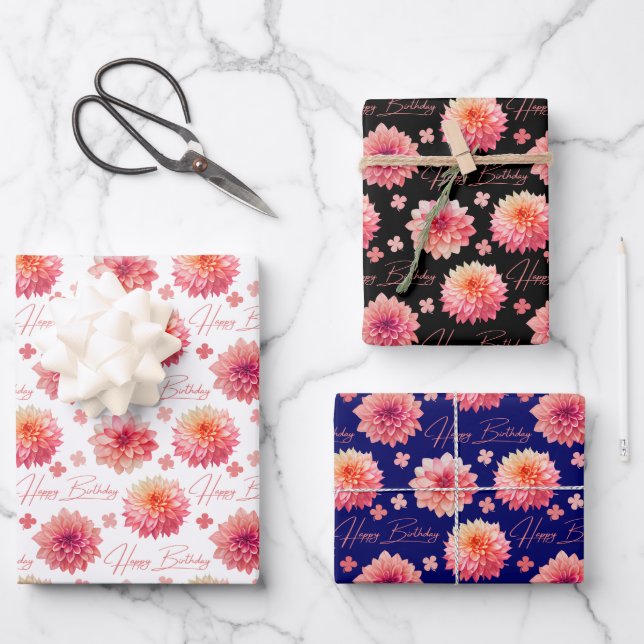 Elegant Pink Dahlia Clover Leaf Birthday Wrapping Paper Sheets (Front)