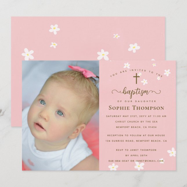 Elegant Pink Daisies Girl Religious Baptism Photo Invitation (Front/Back)