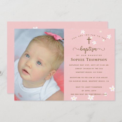 Elegant Pink Daisies Girl Religious Baptism Photo Invitation