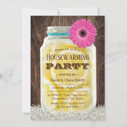 Elegant Pink Daisy Lemonade Jar Housewarming Party Invitation