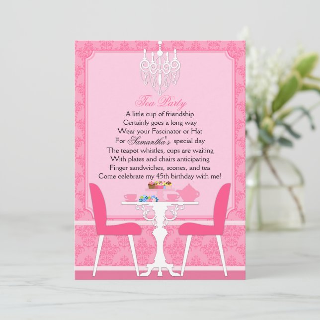 Elegant Pink Damask Birthday Tea Party Invitation (Standing Front)