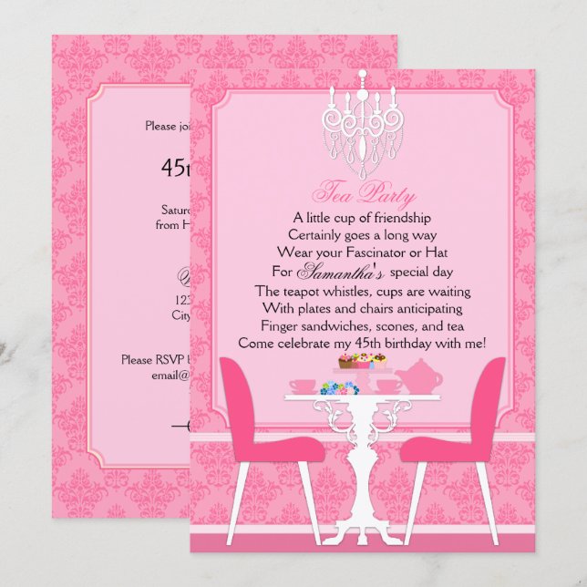 Elegant Pink Damask Birthday Tea Party Invitation (Front/Back)