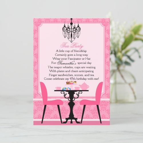 Elegant Pink Damask Birthday Tea Party Invitation