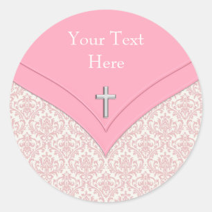 Elegant Pink Damask Christening Stickers