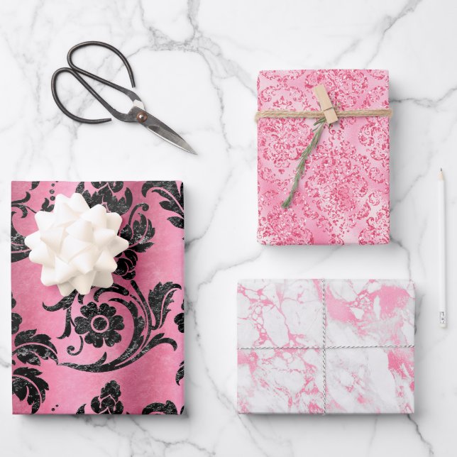 Elegant Pink Damask Glitter Gift Wrapping Paper Sheets (Front)