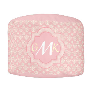 Elegant Pink Damask Monogrammed Pouf