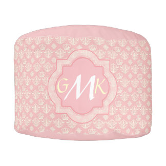 Elegant Pink Damask Monogrammed Pouf