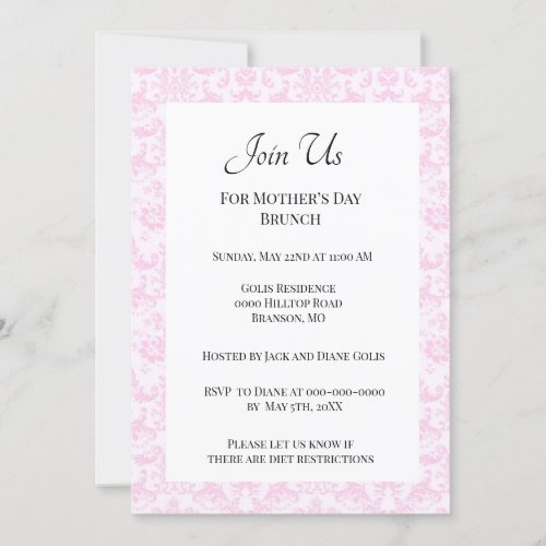 Elegant Pink Damask Mothers Day Brunch  Invitation