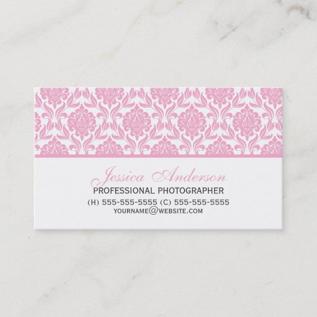 Elegant Pink Damask Pattern Business Card (Front)