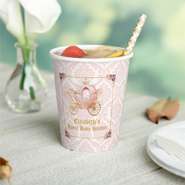 Elegant Pink Damask Princess Carriage Baby Shower Paper Cups (Insitu)