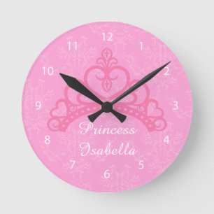 Elegant Pink Damask, Princess Tiara, For Girls Round Clock