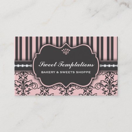 Elegant Pink Damask & Stripe Bakery Business Card