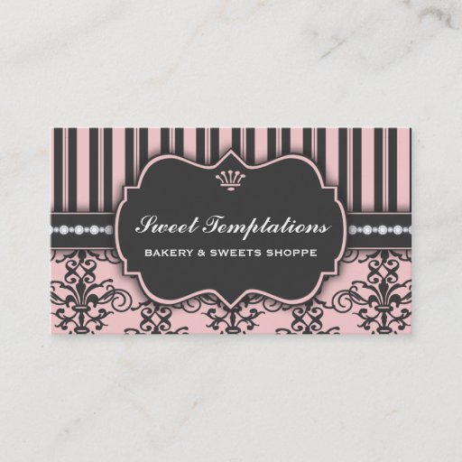 Customizable Elegant Pink Damask & Stripe Bakery Business Card