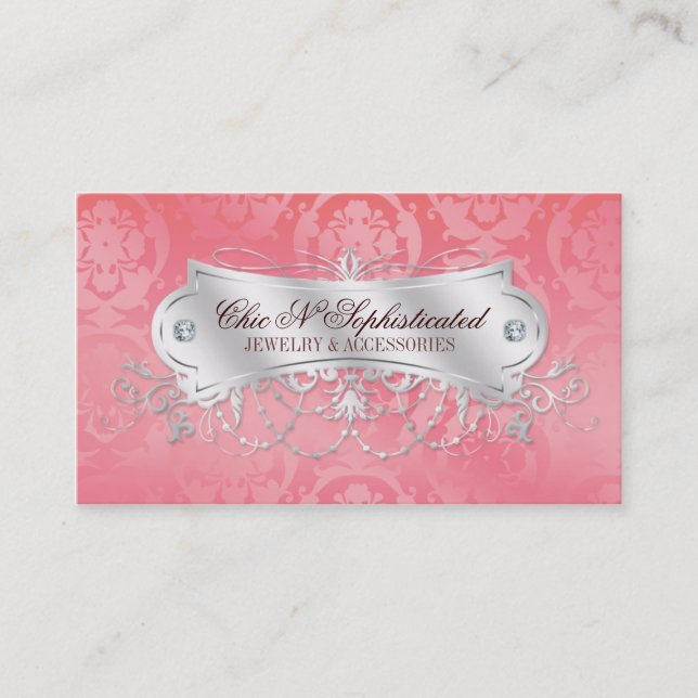 Elegant Pink Damask Swirl Business Card (Front)