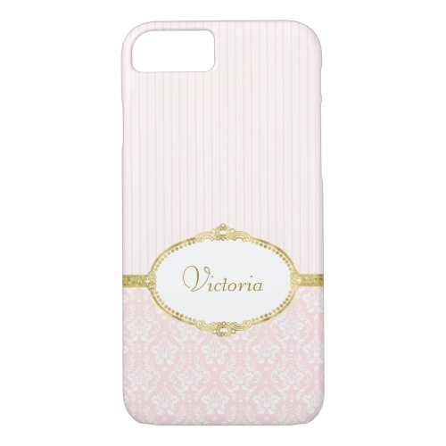 Elegant Pink Damask Vintage Gold Frame and Name iPhone 87 Case