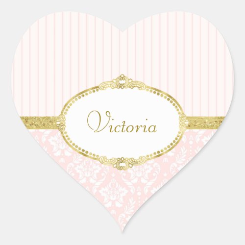 Elegant Pink Damask Vintage Gold Frame and Name Heart Sticker