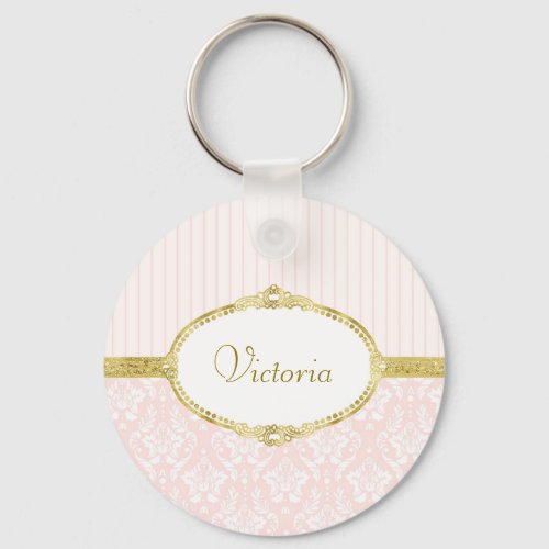 Elegant Pink Damask Vintage Gold Frame and Name Keychain