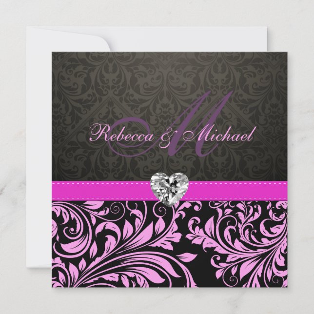 Elegant Pink Damask with Monogram Wedding Invite (Front)