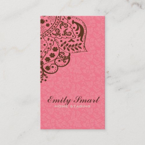 Elegant Pink Damasks  Brown Vintage Lace Business Card