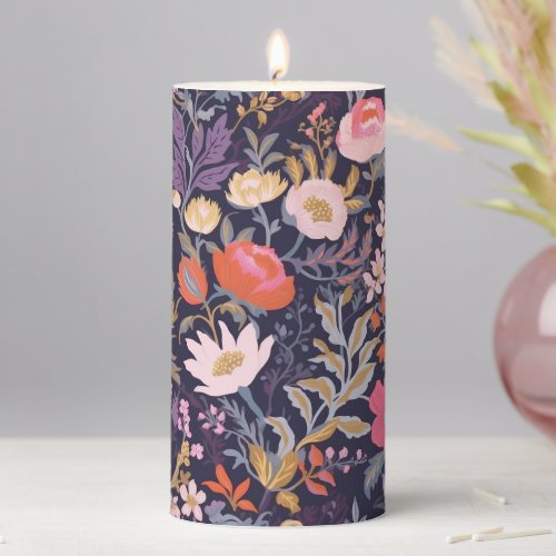 Elegant pink dark blue floral pillar candle
