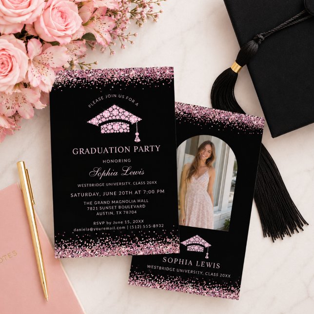 Elegant Pink Diamond Graduation Party Invitation (Elegant Pink Diamonds Cap Graduation party invitation)