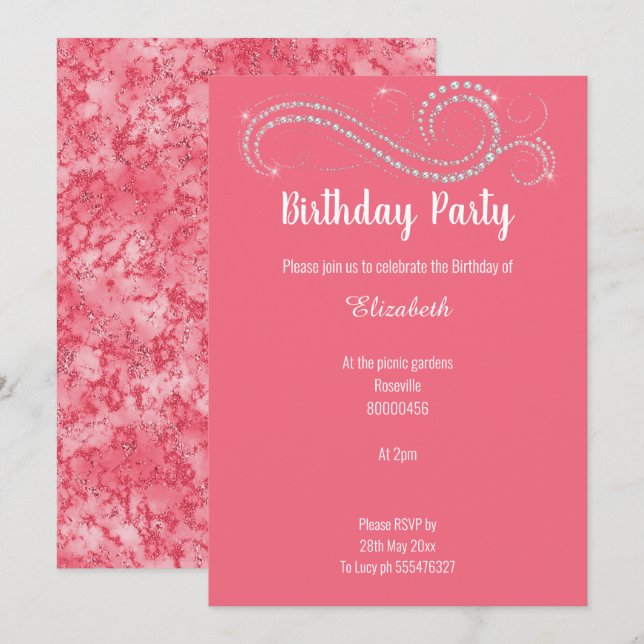 ELEGANT PINK DIAMOND MARBLE BIRTHDAY PARTY INVITATION (Front/Back)