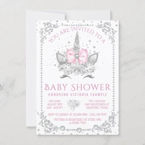 Elegant Pink Diamond Unicorn Baby Shower Invitation