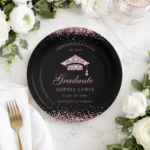 Elegant Pink Diamonds Cap Graduation Party Paper Plates