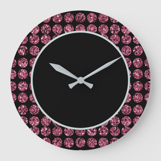 Elegant Pink Diamonds Glam Sparkle Black Pink Large Clock (Front)
