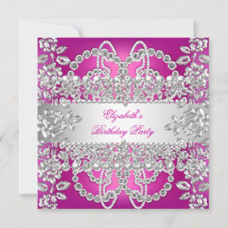 Elegant Pink Diamonds Silver Floral Birthday Party Invitation
