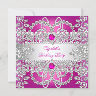Elegant Pink Diamonds Silver Floral Birthday Party Invitation