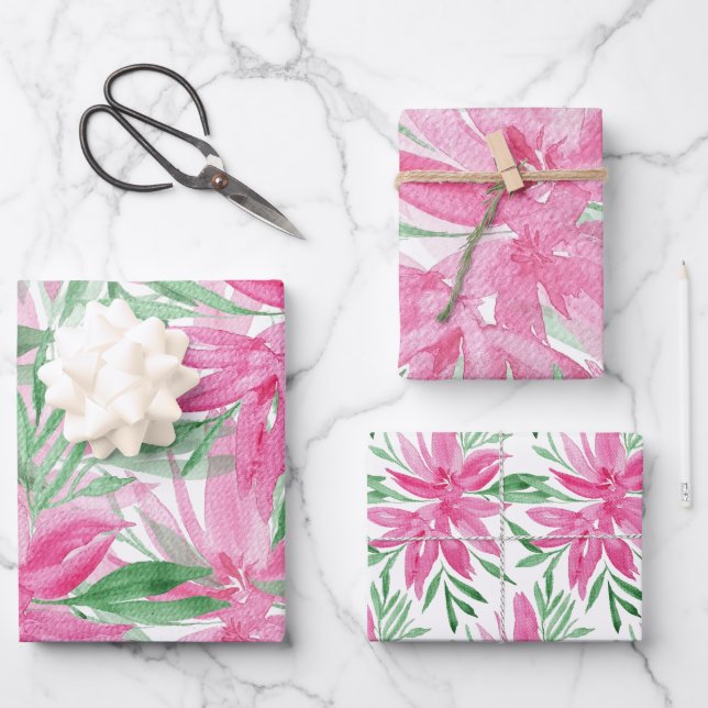 Elegant Pink Divine Flowers Watercolor Wrapping Paper Sheets (Front)