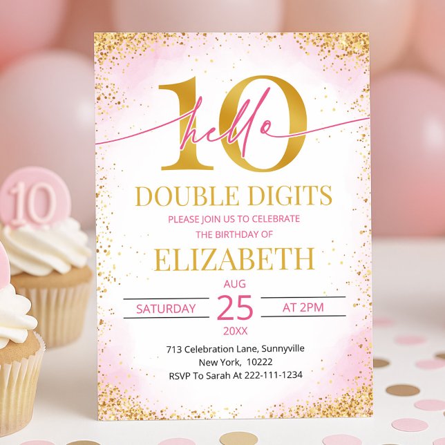 Elegant Pink Double Digits Girl 10th Birthday  Invitation (Creator Uploaded)