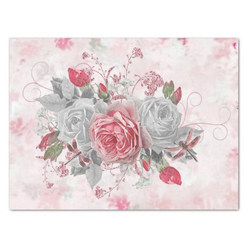 Elegant Pink Dragonfly and Roses Decoupage Tissue Paper