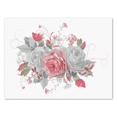 Elegant Pink Dragonfly and Roses Decoupage Tissue  Tissue Paper