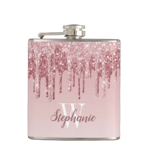 Elegant Pink Dripping Faux Glitter Monogram Flask