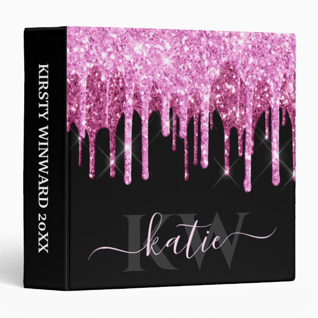 Elegant Pink Dripping Glitter Monogram 3 Ring Binder (Front/Spine)