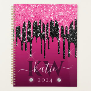 Elegant Pink Dripping Glitter Monogram Planner