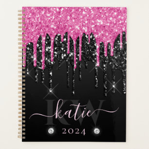 Elegant Pink Dripping Glitter Monogram Planner