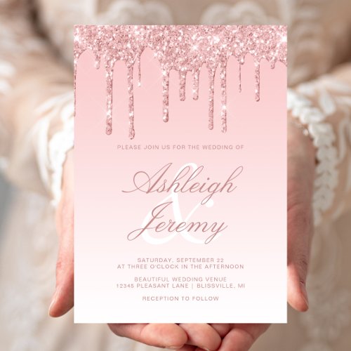 Elegant Pink Dripping Glitter Script Wedding Invitation