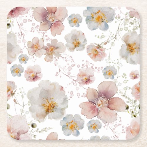 Elegant Pink Dusty Blue Flower Bridal Shower Square Paper Coaster