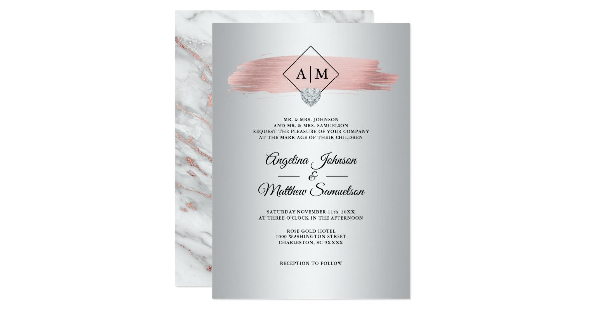 Elegant Pink Dusty Rose Gold Marble Silver Wedding Invitation Zazzle Com