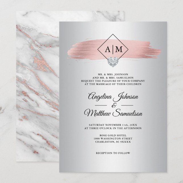 Elegant Pink Dusty Rose Gold Marble Silver Wedding Invitation (Front/Back)