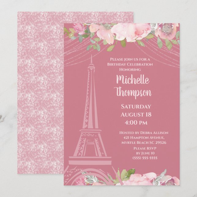 Elegant Pink Eiffel Tower Paris  Birthday     Invitation (Front/Back)