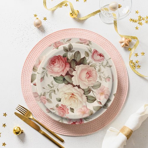 Elegant Pink English Roses Paper Plates