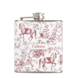 Elegant Pink Equestrian Floral Toile Name Flask